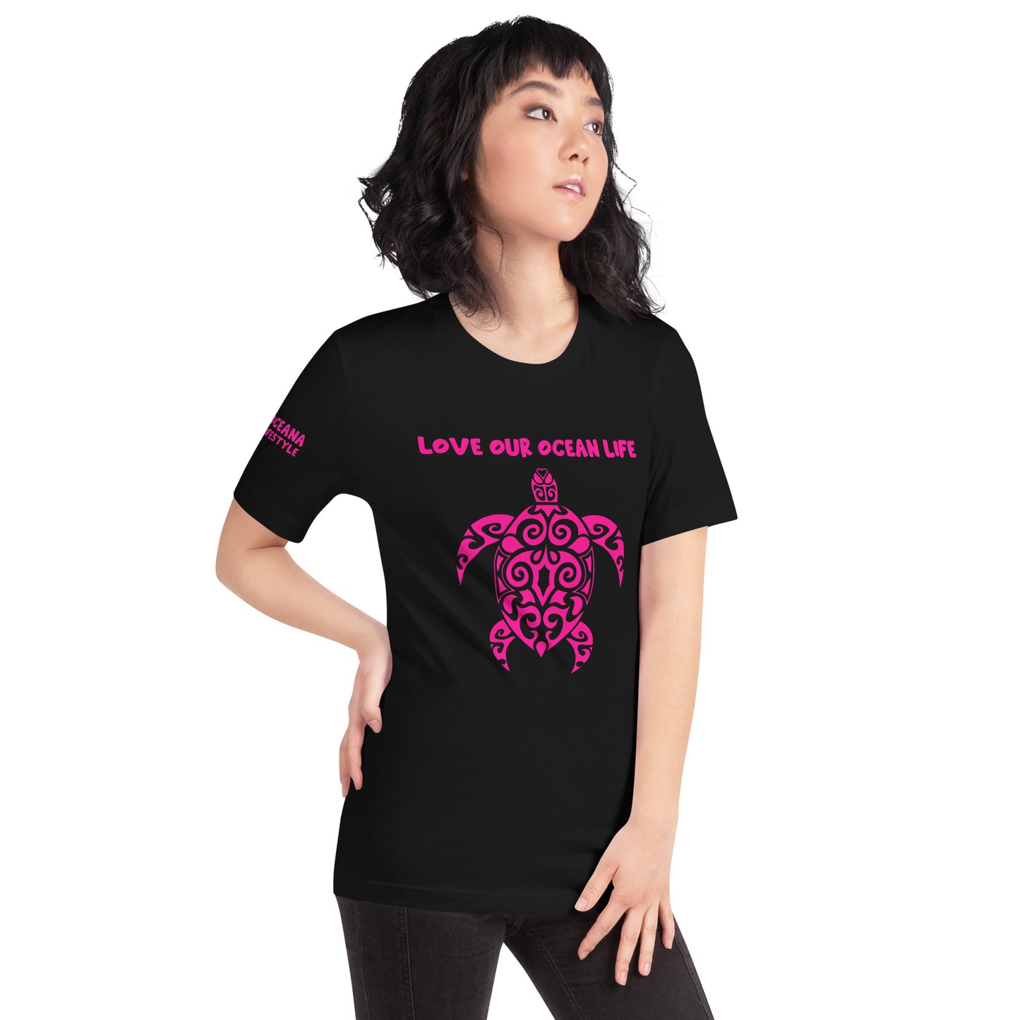 Polynesian T-shirt Turtle Tribal Samoan For Men and Women Front Right Pink on Black