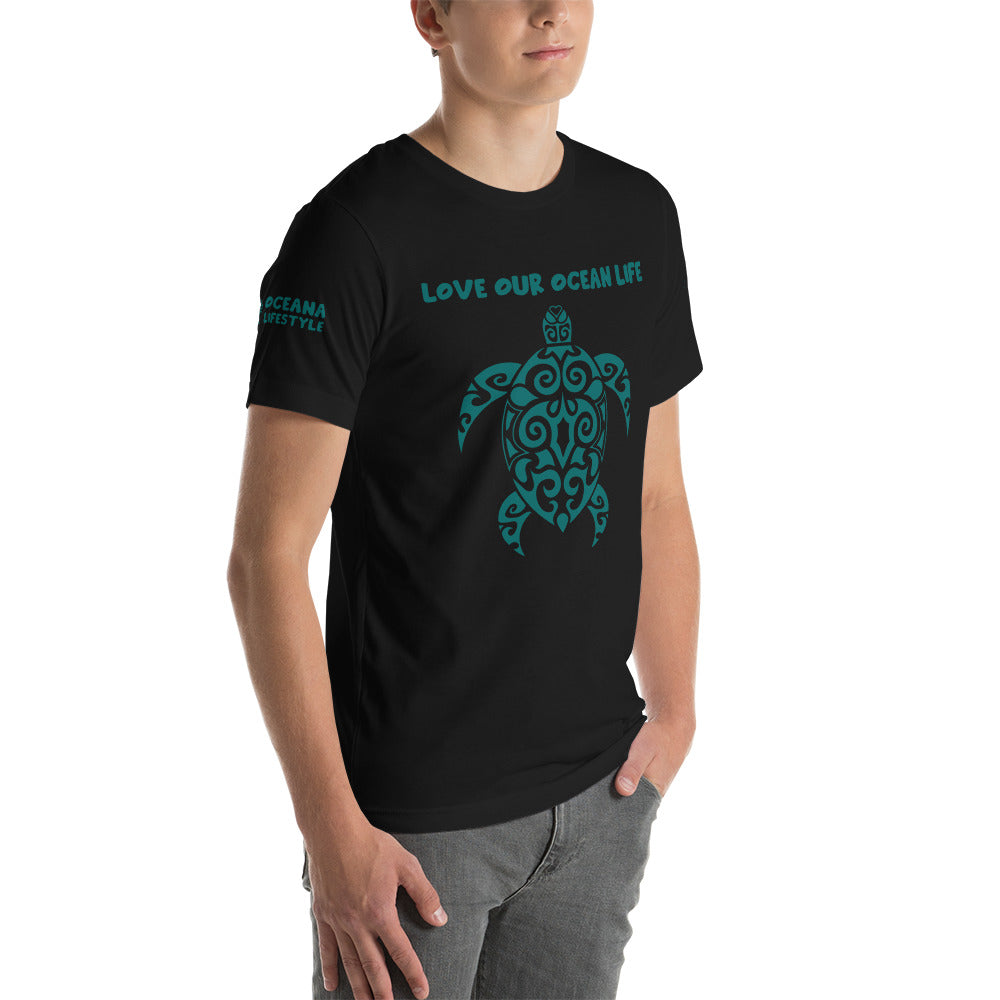 Polynesian T-shirt Turtle Tribal Samoan For Men and Women Front Right Teal on Black 2