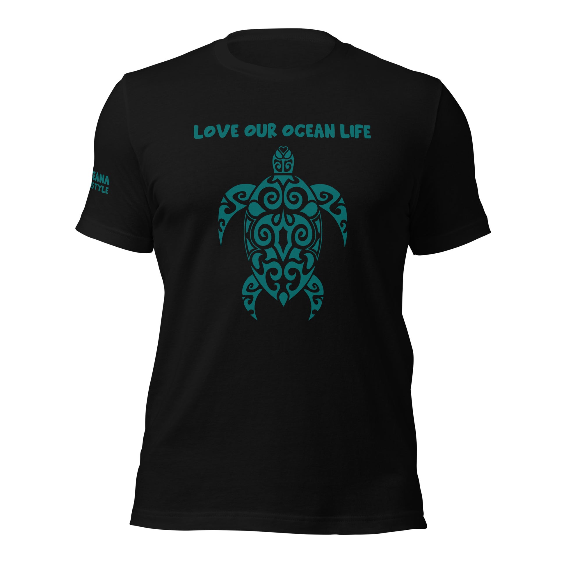 Polynesian T-shirt Turtle Tribal Samoan For Men and Women Front Right Teal on Black 3