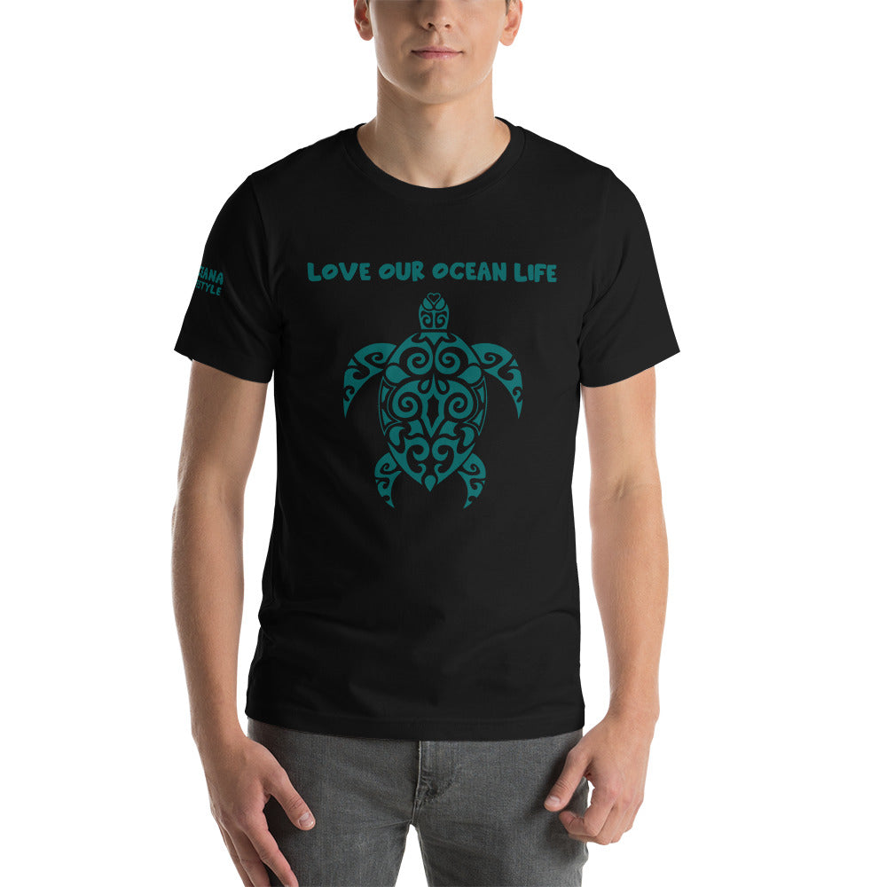 Polynesian T-shirt Turtle Tribal Samoan For Men and Women Front Right Teal on Black 4