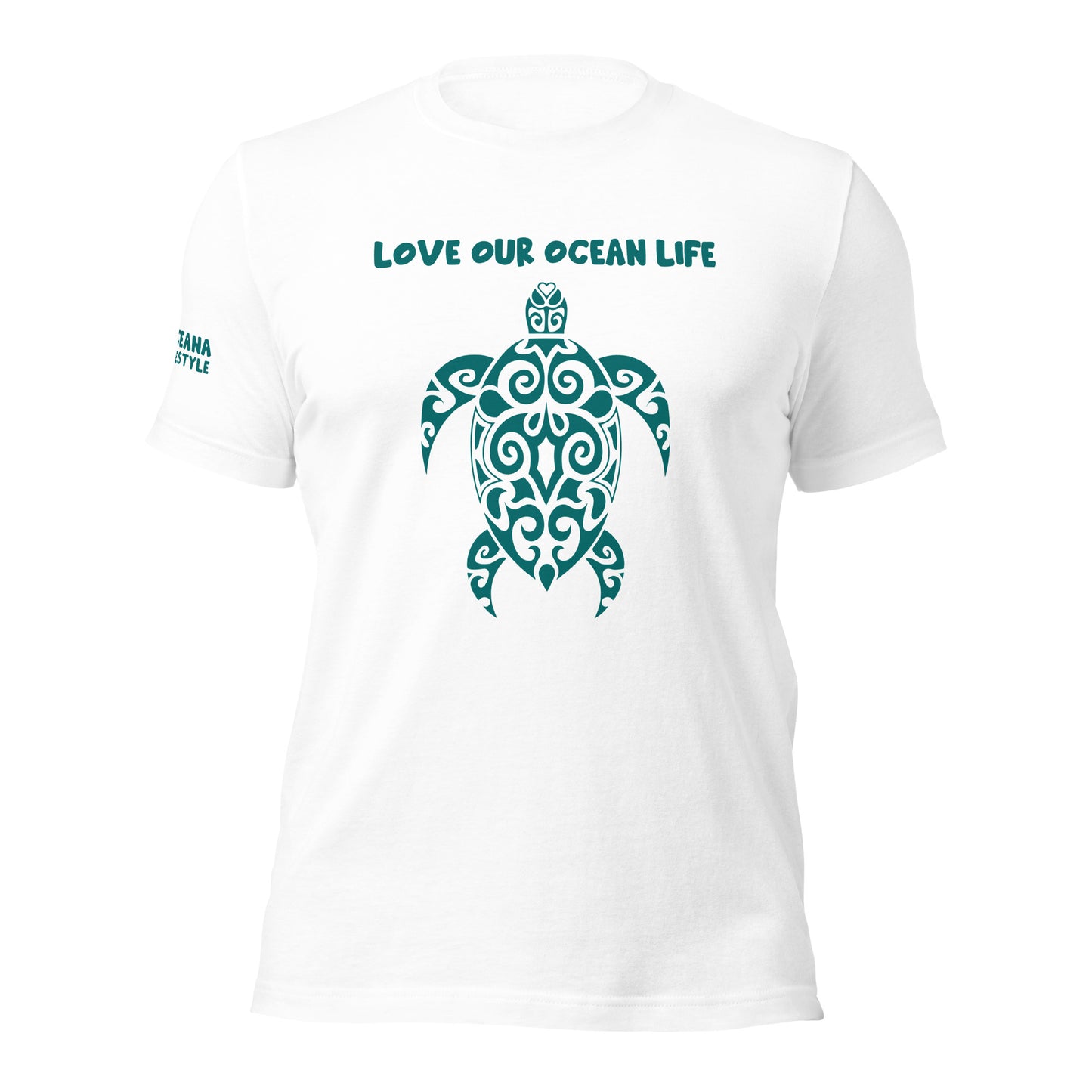 Polynesian T-shirt Turtle Tribal Samoan For Men and Women Front Right Teal on White 3
