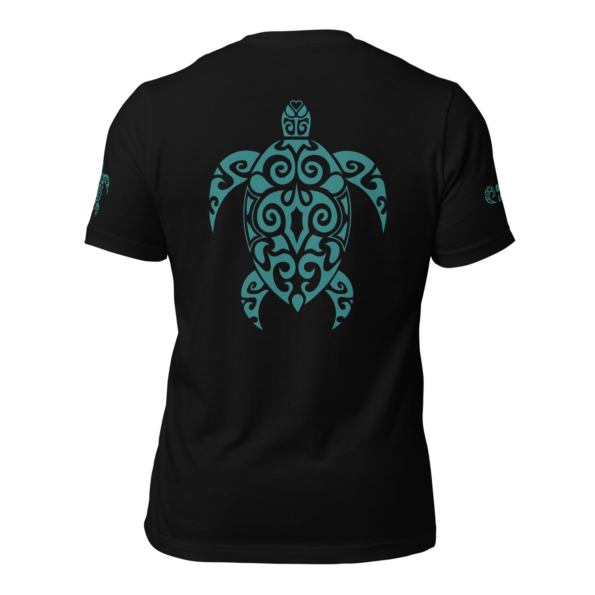 Polynesian T-shirt Turtle Tribal Samoan For Men and Women Full Back Teal on Black