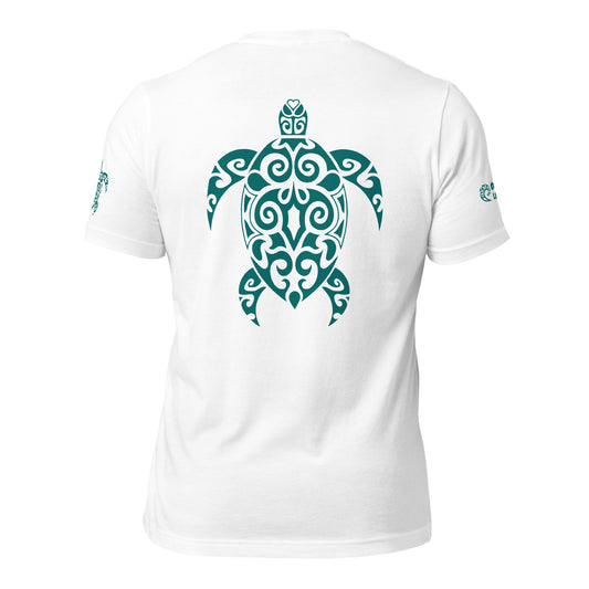 Polynesian T-shirt Turtle Tribal Samoan For Men and Women Full Back Teal on White