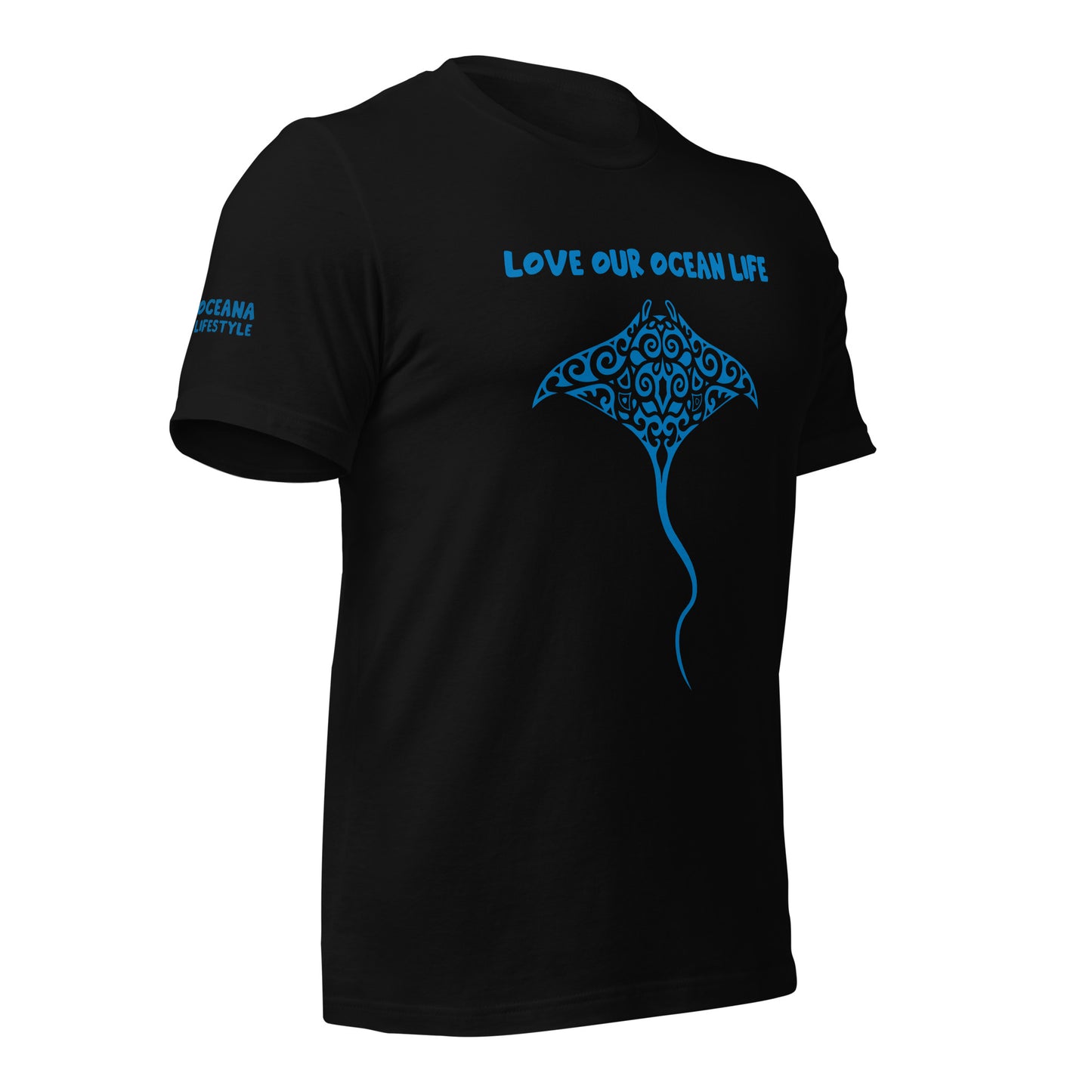 Polynesian T-shirt Manta Ray Tribal Samoan For Men and Women Front Center Blue on Black