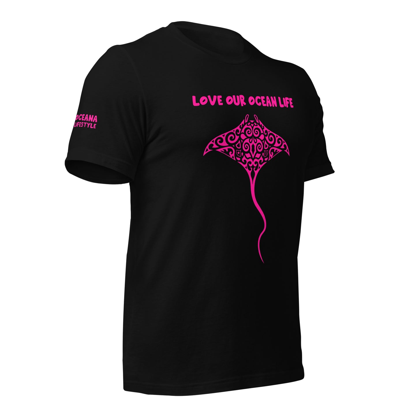 Polynesian T-shirt Manta Ray Tribal Samoan For Men and Women Front Center Pink on Black