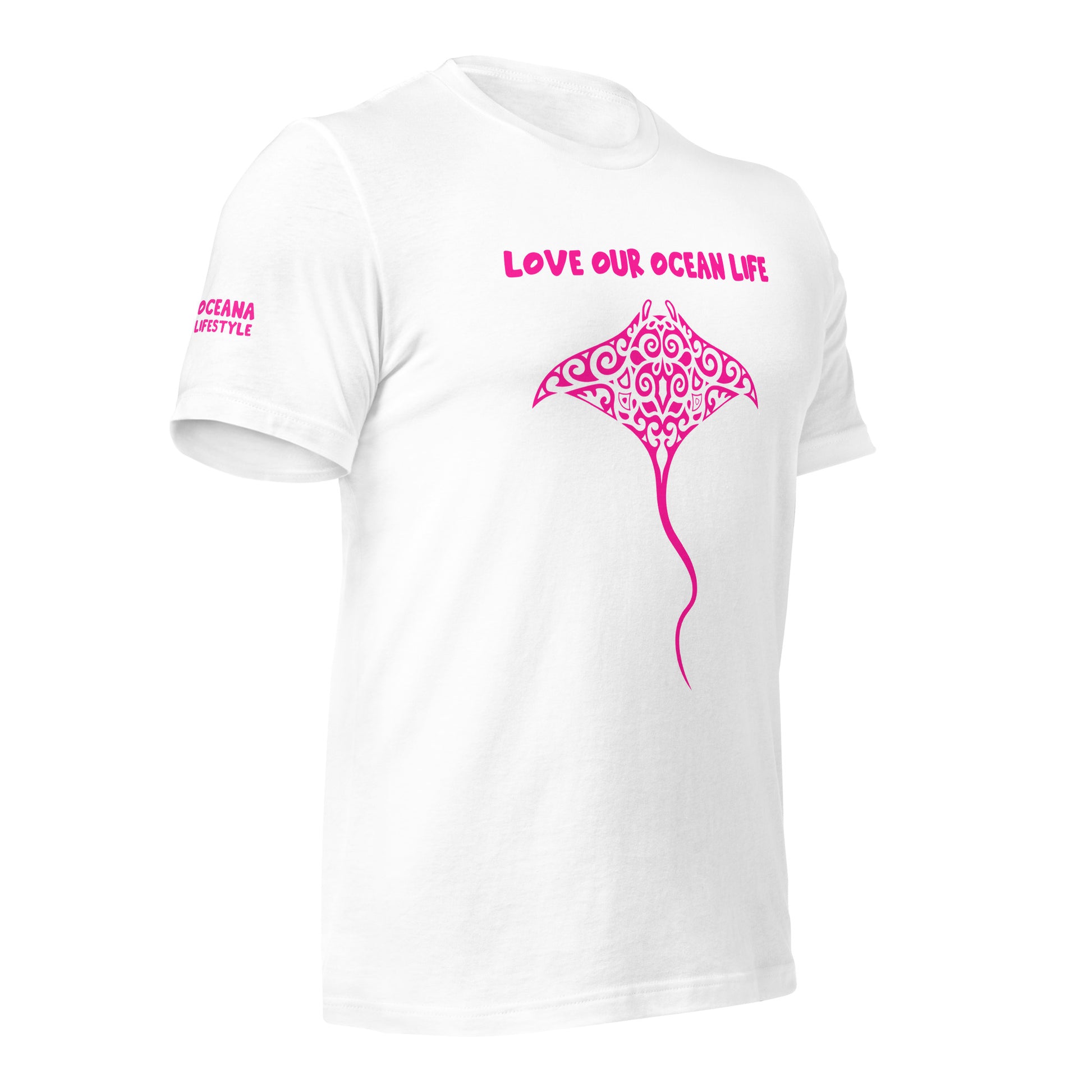 Polynesian T-shirt Manta Ray Tribal Samoan For Men and Women Front Center Pink on White