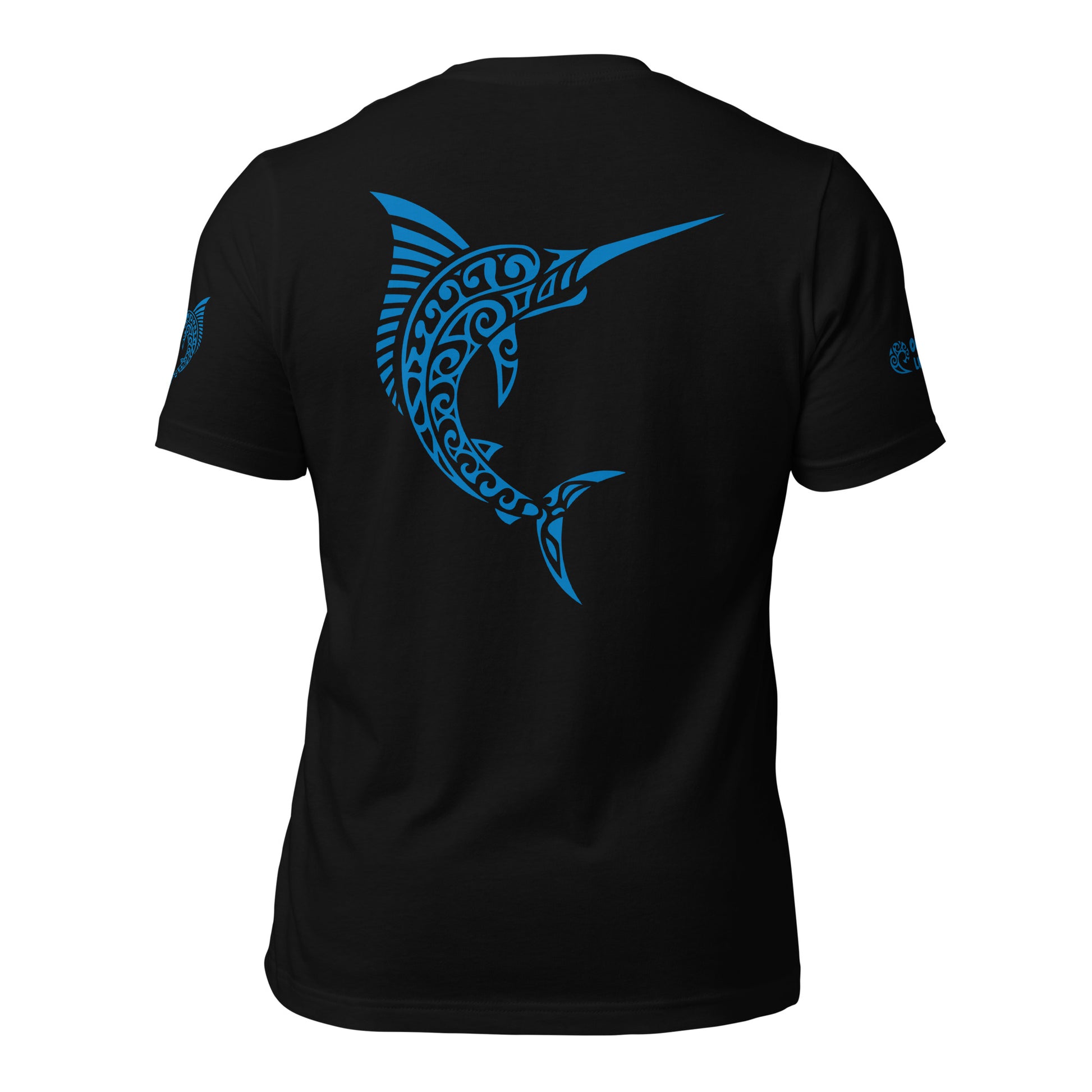 Polynesian T-shirt Marlin Tribal Samoan For Men and Women Full Back Blue on Black
