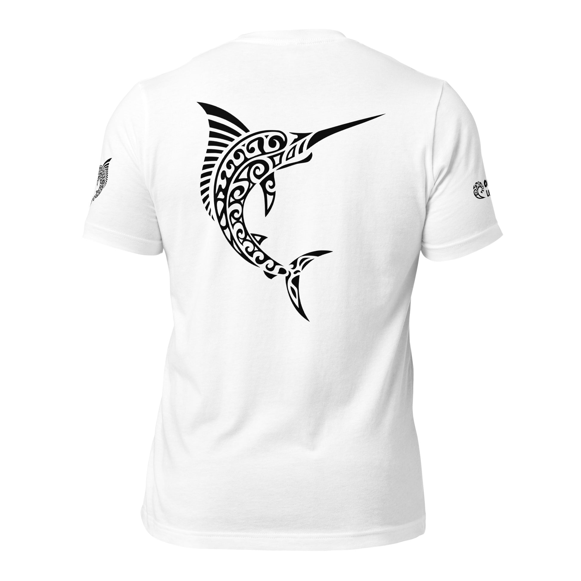 Polynesian T-shirt Marlin Tribal Samoan For Men and Women Full Back/ Front Crest Black on White 4