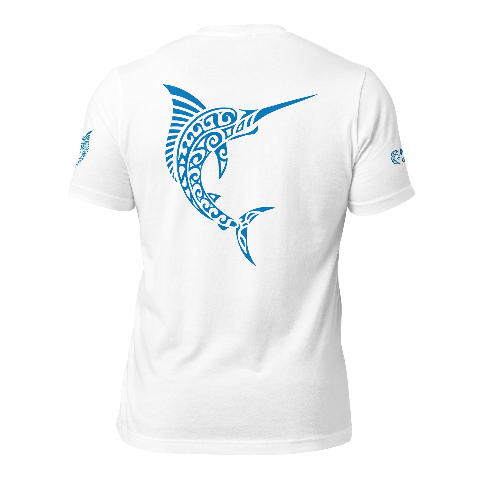 Polynesian T-shirt Marlin Tribal Samoan For Men and Women Full Back/ Front Crest Blue on White 3