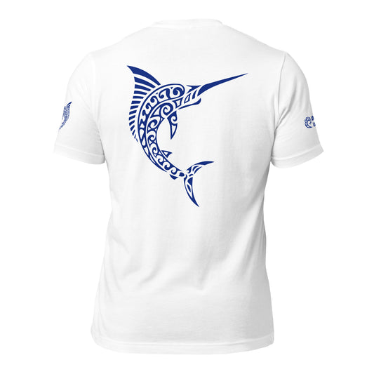 Polynesian T-shirt Marlin Tribal Samoan For Men and Women Full Back/ Front Crest Navy on White 3