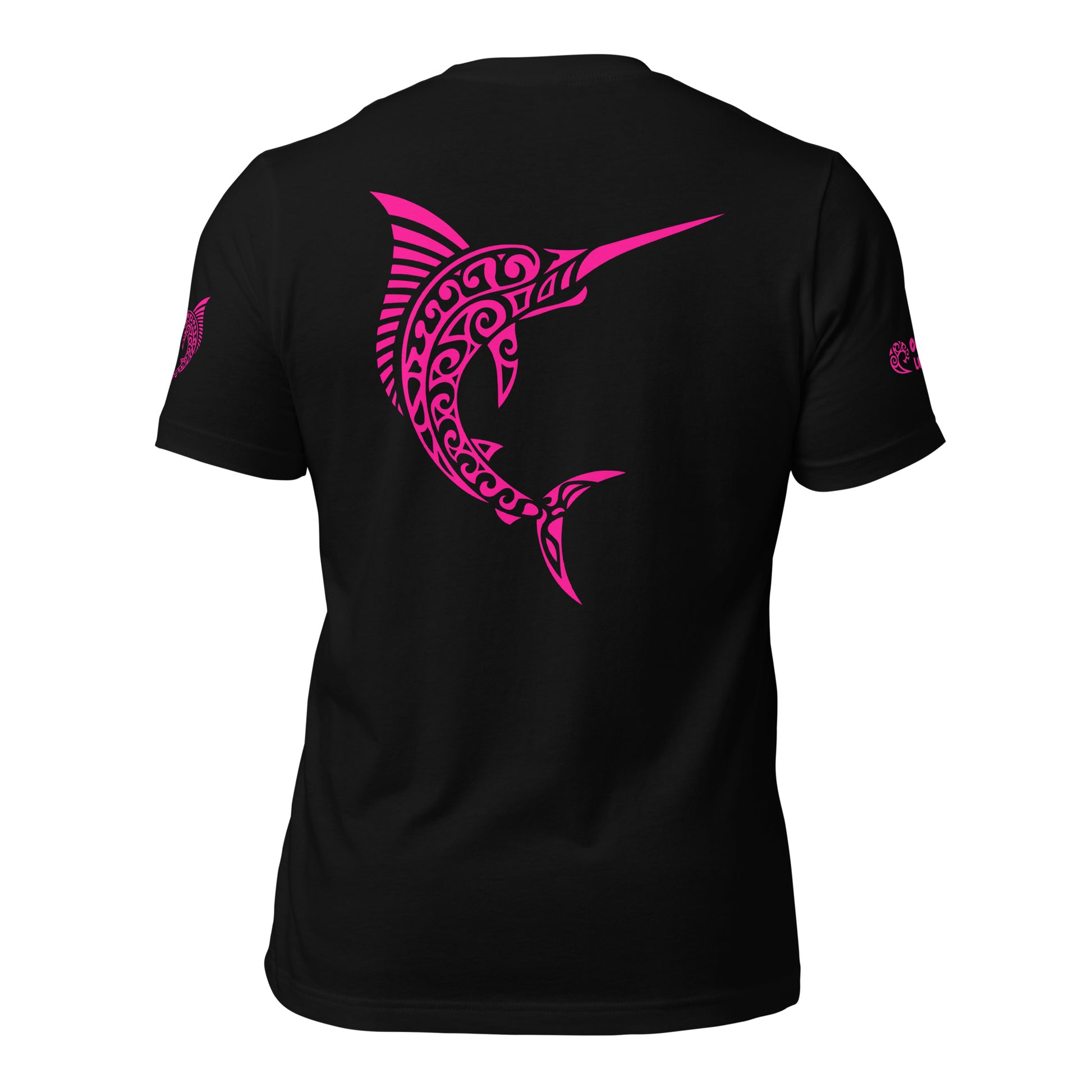 Polynesian T-shirt Marlin Tribal Samoan For Men and Women Full Back/ Front Crest Pink on Black 2