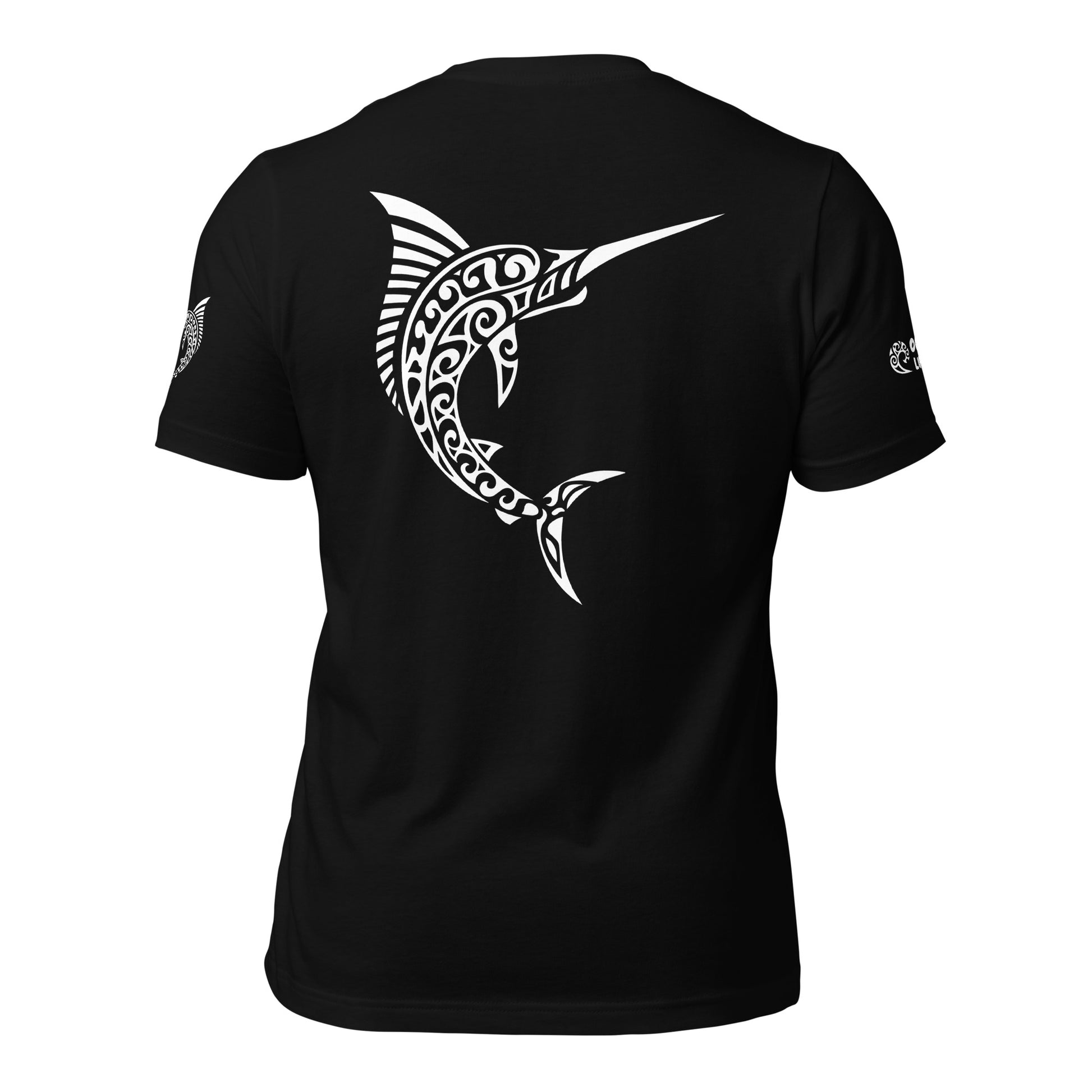 Polynesian T-shirt Marlin Tribal Samoan For Men and Women Full Back/ Front Crest White on Black 2