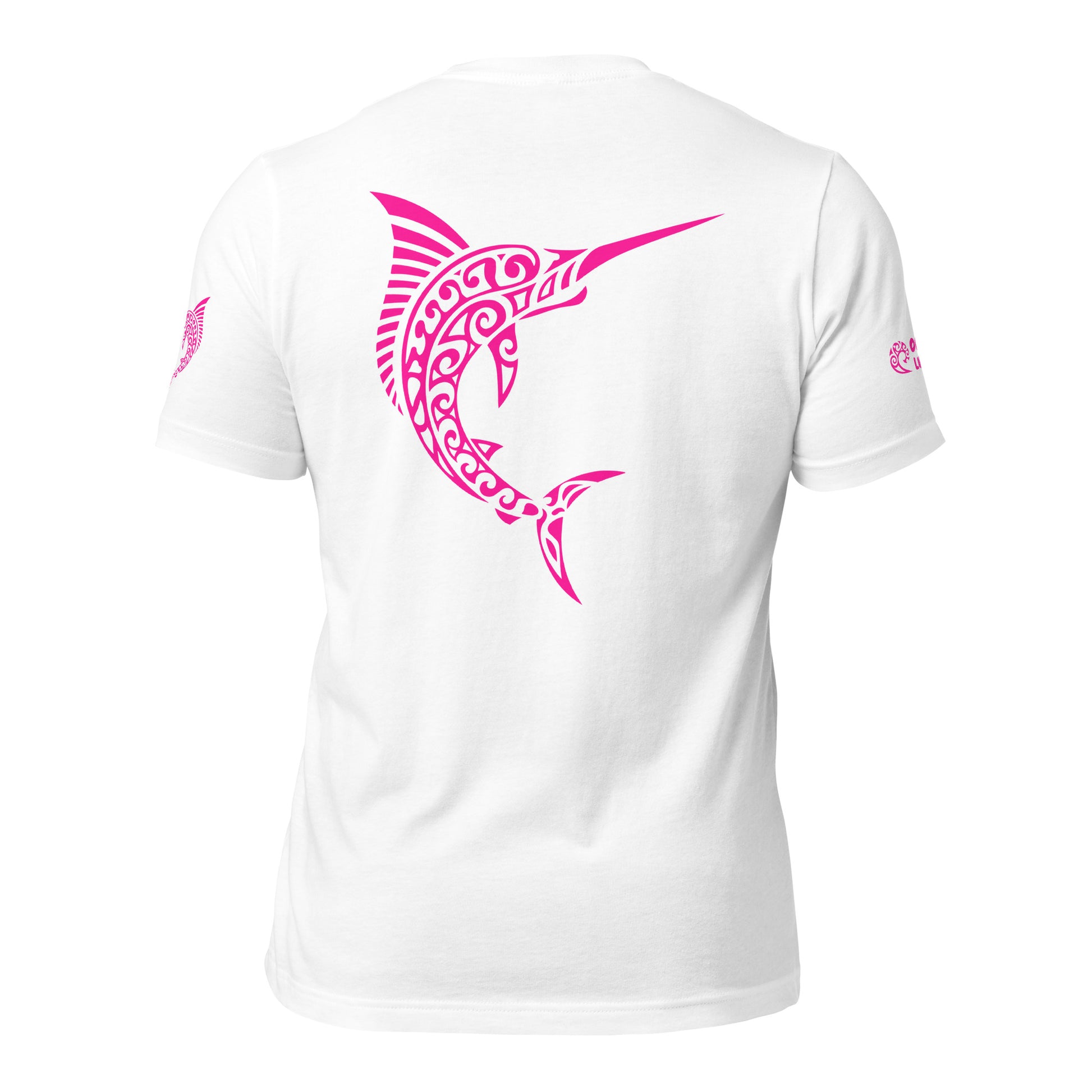 Polynesian T-shirt Marlin Tribal Samoan For Men and Women Full Back Pink on White
