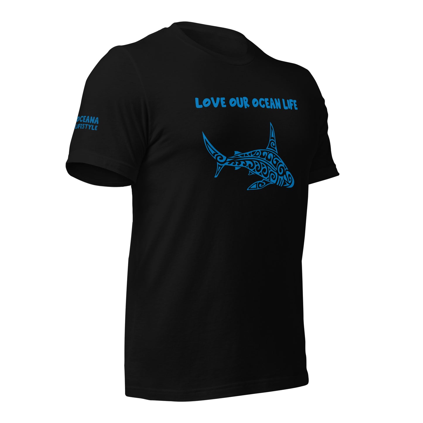 Polynesian T-shirt Shark Tribal Samoan For Men and Women Front Center Blue on Black