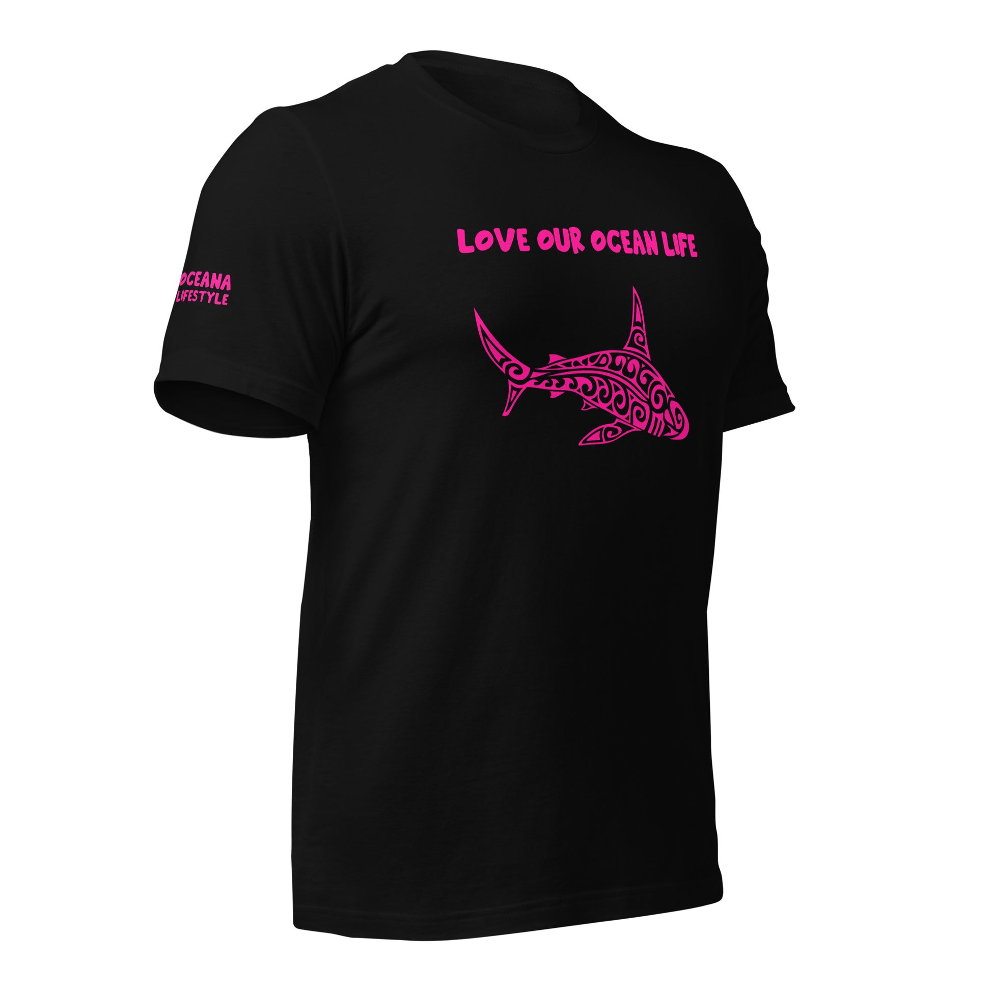 Polynesian T-shirt Shark Tribal Samoan For Men and Women Front Center Pink on Black