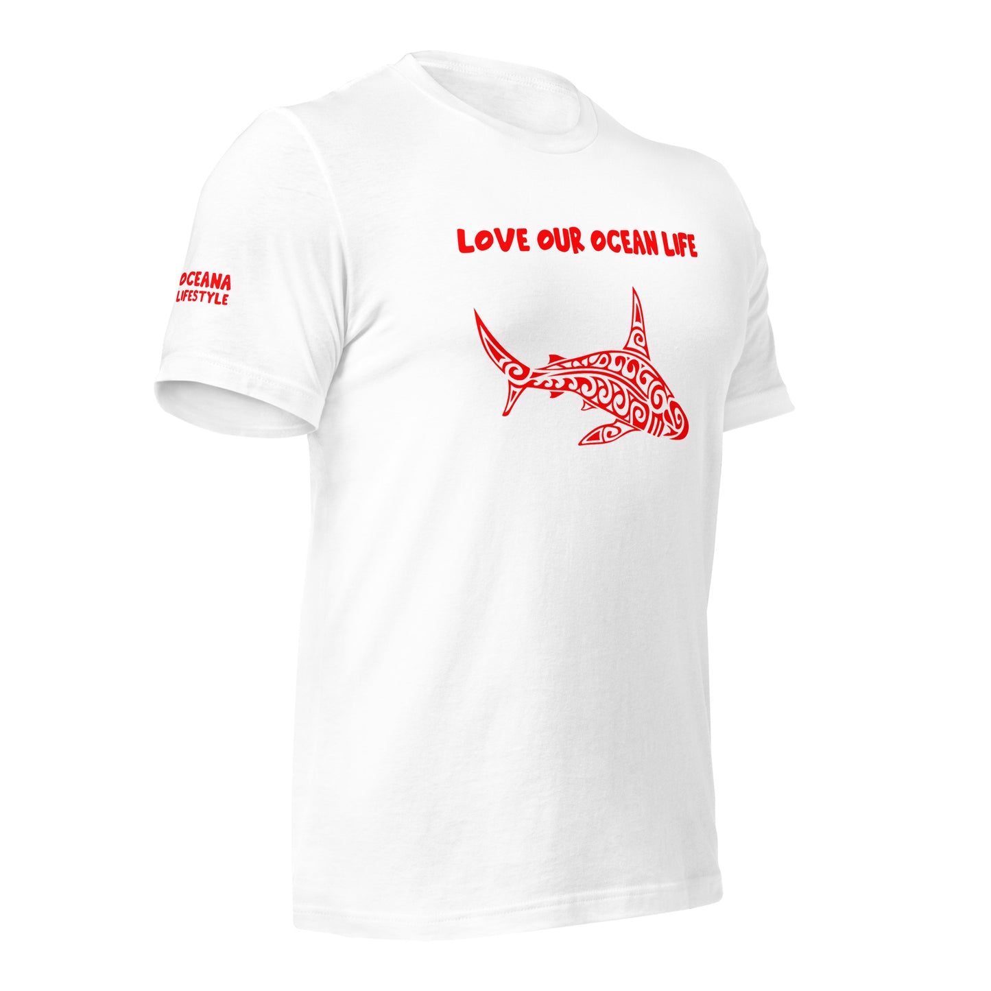 Polynesian T-shirt Shark Tribal Samoan For Men and Women Front Center Pink on White 2