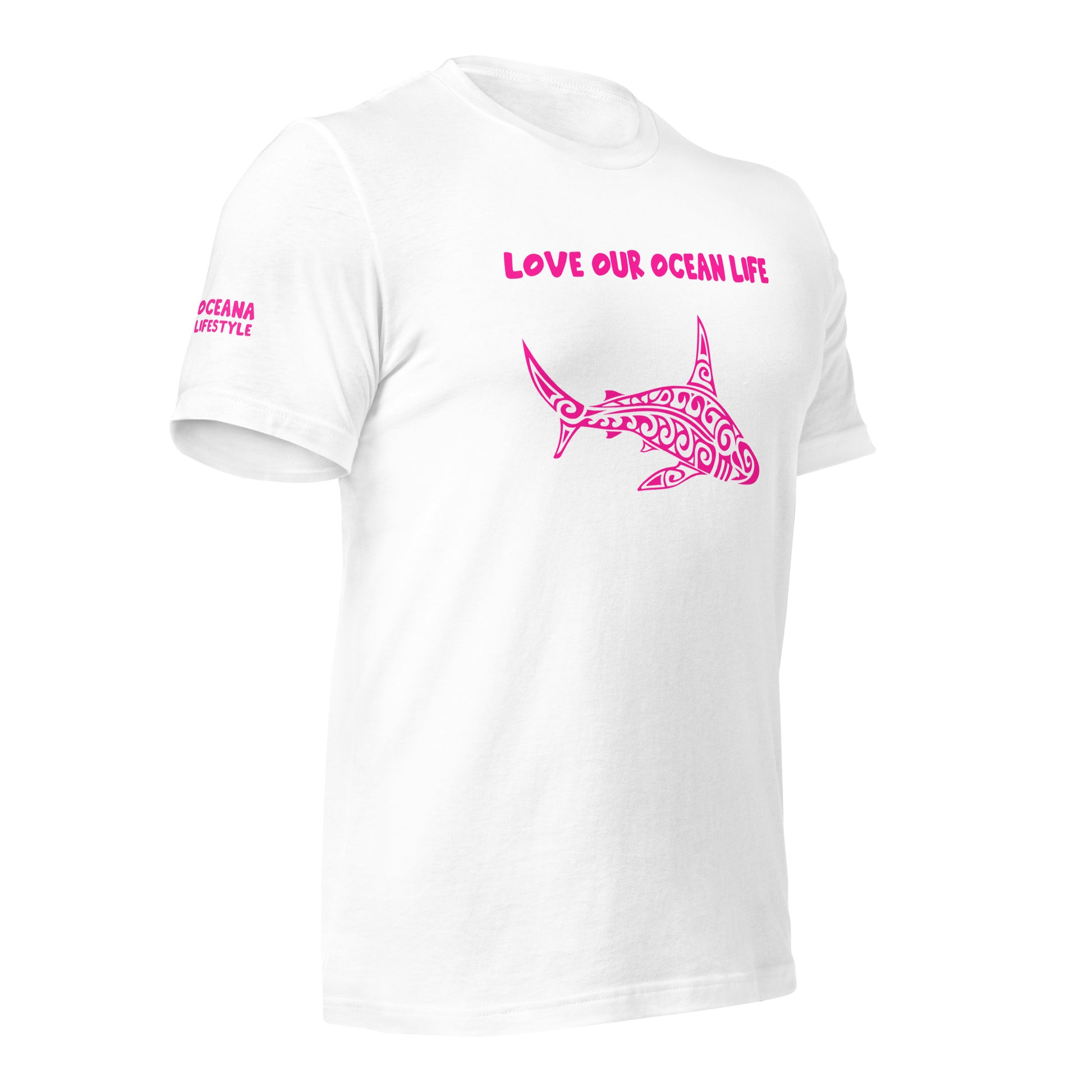 Polynesian T-shirt Shark Tribal Samoan For Men and Women Front Center Pink on White 3