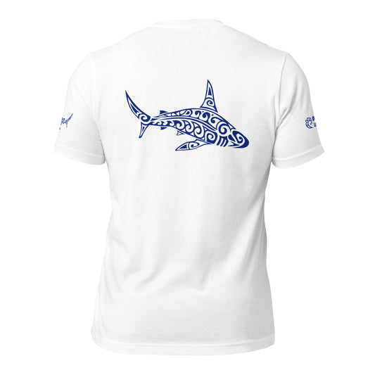 Polynesian T-shirt Shark Tribal Samoan For Men and Women Full Back/ Front Crest Navy on White 2