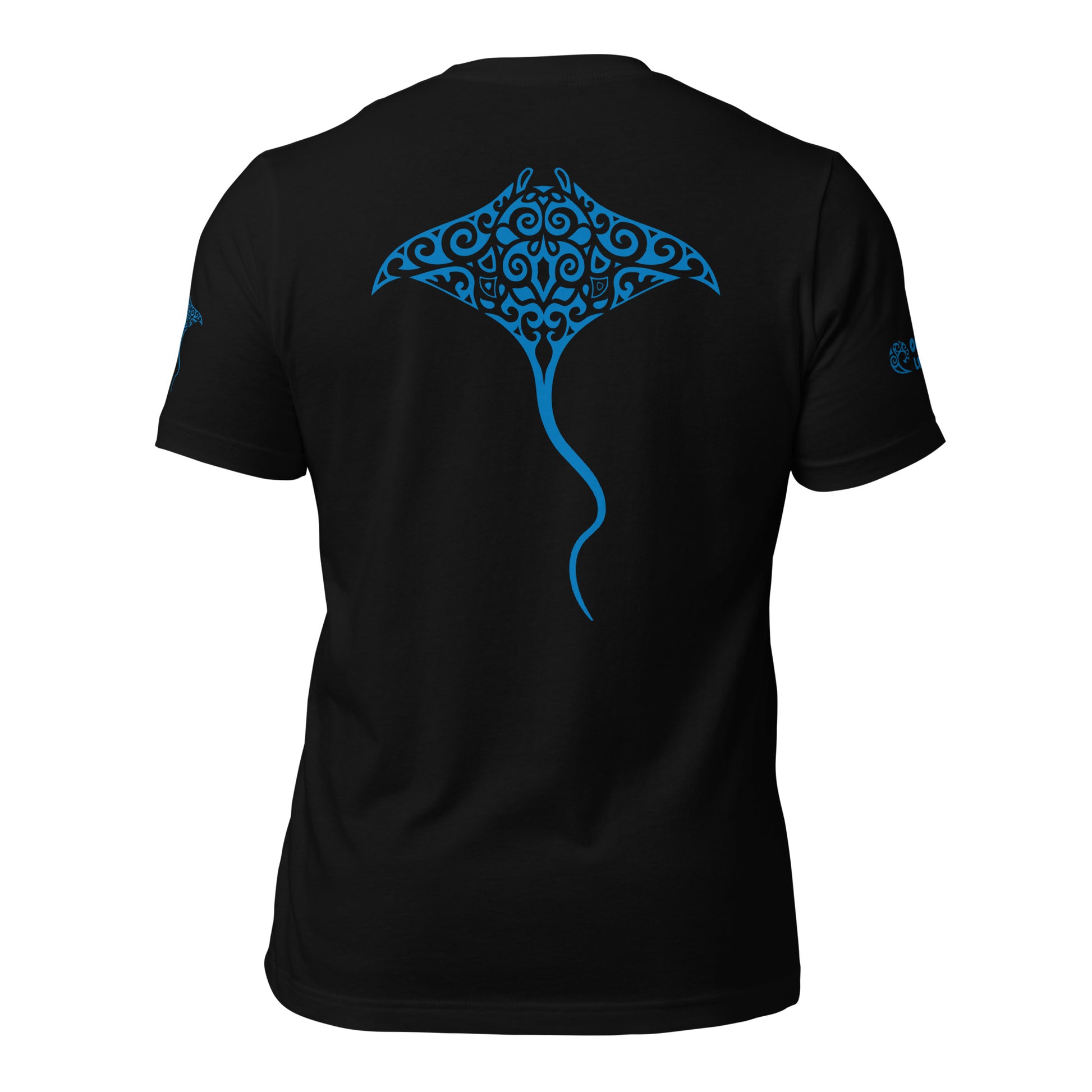 Polynesian Tribal Samoan Manta Ray T-shirt For Men and Women Back Blue on Black